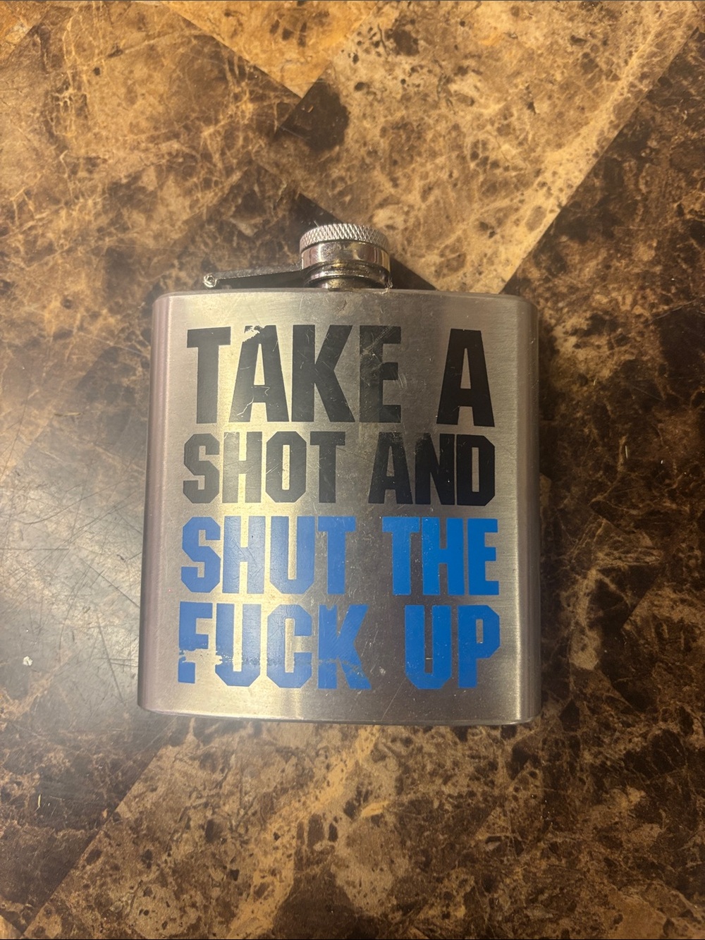 Stainless Flask with Bold Black & Blue Text